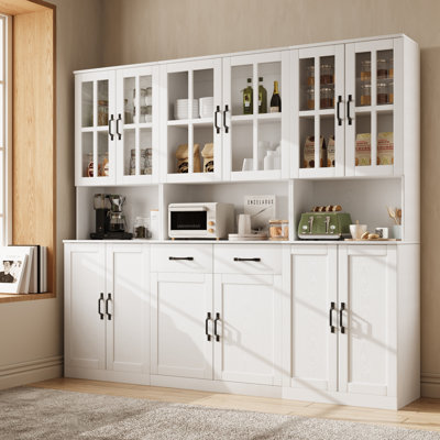  71" H X 78.7" W Kitchen Pantry With Bookcases, Glass Door Kitchen Hutch With Drawer And Spacious Countertops(AEA),White