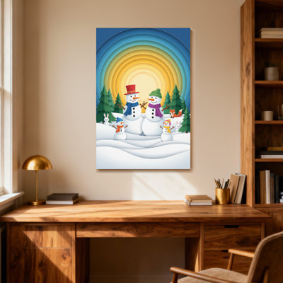 Christmas Snowman Family Winter Landscape Scene