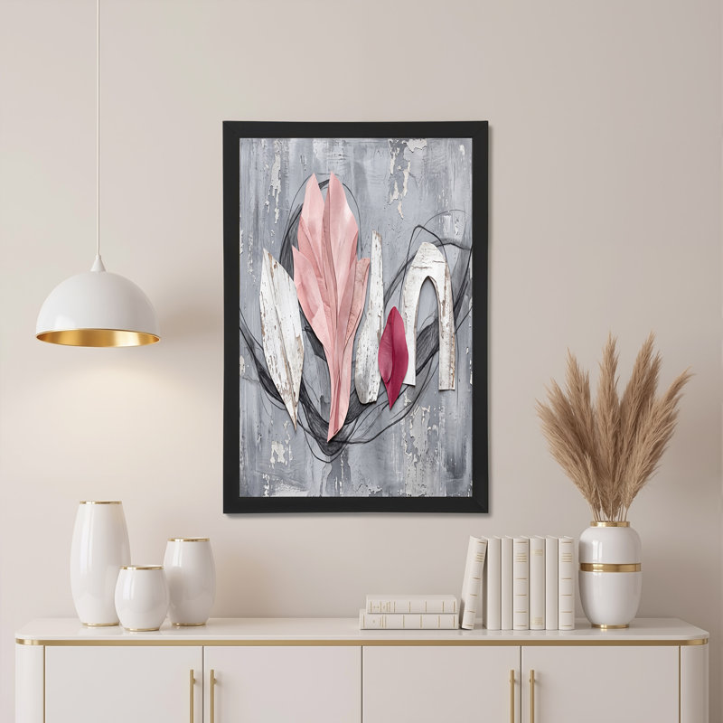 «Rose and White», feuille abstraite, collage sur toile grise, art mural, 24"H x 36"W