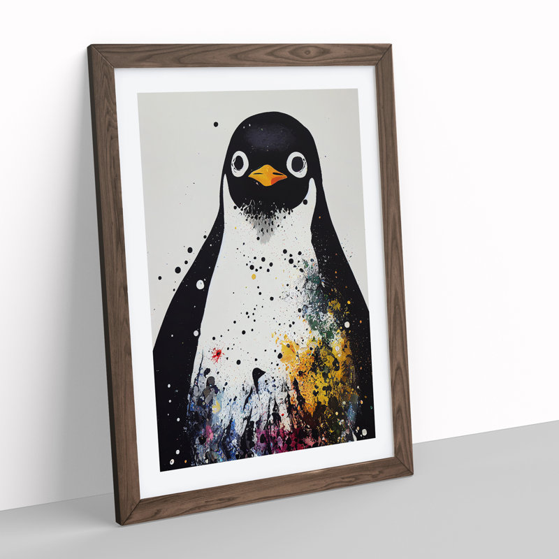XV1022-3237X Paint Splash Penguin No.5 - Single Picture Frame Print, 64cm H x 46cm W x 2cm D, Walnut