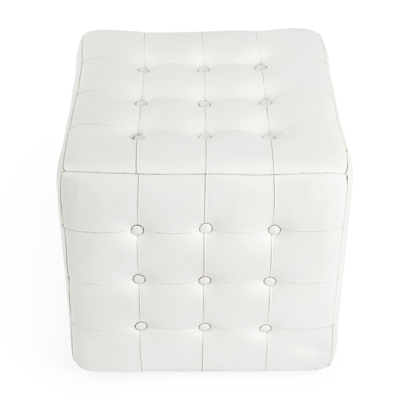 Leon Button Tufted Leather Ottoman, White Genuine Leather