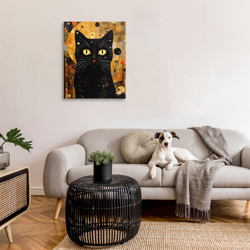"Chat noir avec motif moderne" par RB sur toile, H 40 po x l 30 po