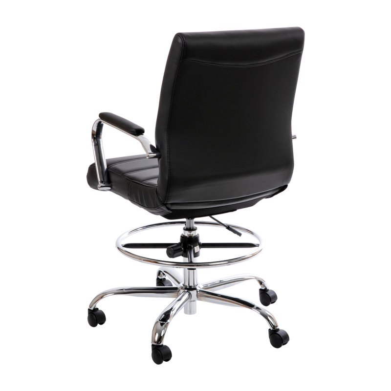 Mid-Back LeatherSoft Drafting Chair with Adjustable Foot Ring and Chrome Base, Black