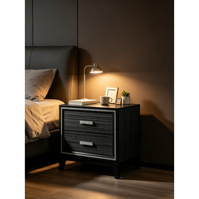 26 in. Nightstand Weathered Black Finish With 2 Drawers Silver Trim Accent Dovetail Joint Bedside Storage Table For Bedroom Deco