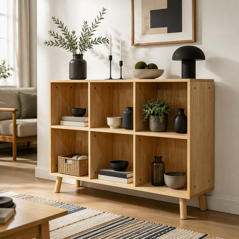 Étagère de rangement à 6 cubes en bois avec pieds, bibliothèque ouverte autoportante, finition en bois massif naturel