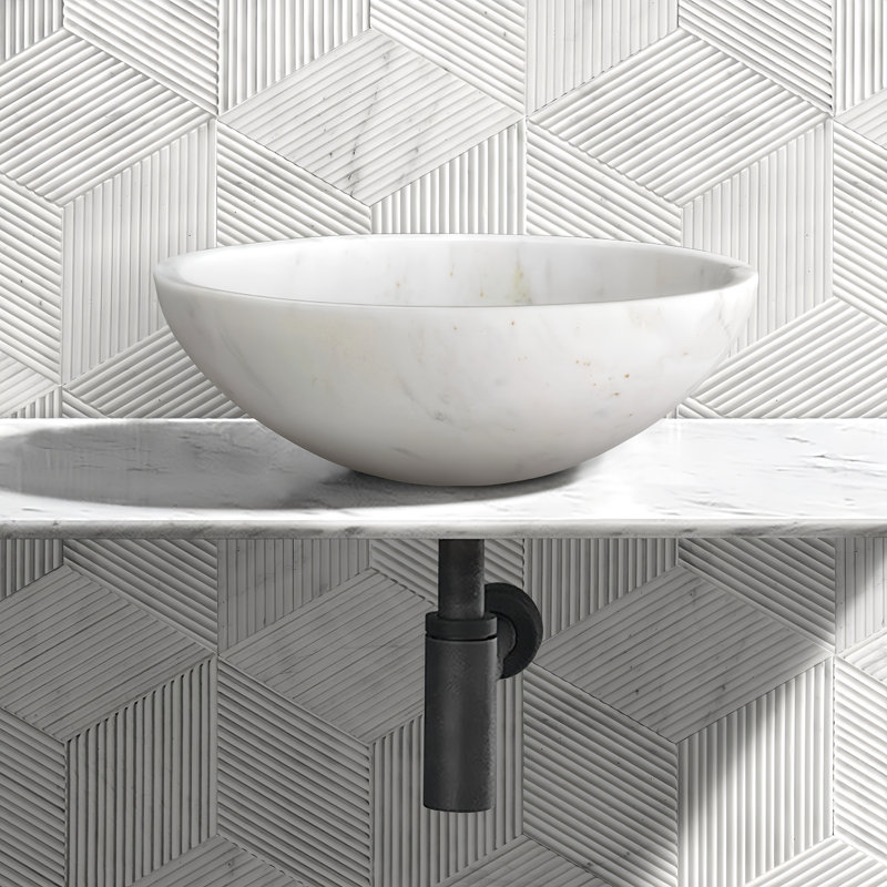 Lavabo pour salle de bain en pierre naturelle blanche, 400 x h 150 mm, qualité, drain pré-percé