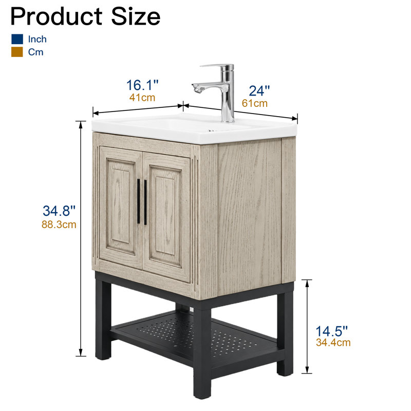 Ensemble de meuble-lavabo 24 po avec lavabo, meuble de rangement autoportant avec lavabo et robinet en céramique encastré, meuble-lavabo moderne pour petite salle de bain, salle d'eau, couleur: blanc
