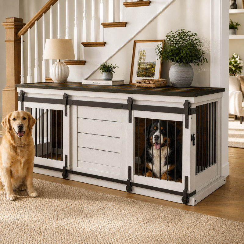 Meuble double pour cage de chien / petits et moyens chiens / bois massif / porte coulissante / cloison amovible / meuble télé