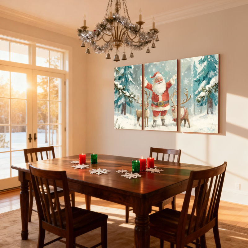 Père Noël de Noël avec renne dans la forêt enneigée, ensemble de 3 impressions sur toile, H 18 po x l 36 po