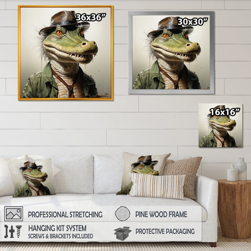 «Alligatorin» de campagne, art mural crocodile, H 30 po x l 30 po x P 1,5 po, Cadre flottant noir