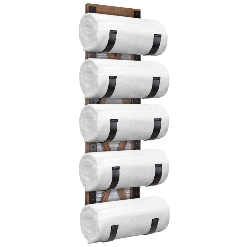 Rustic Brown Wood and Metal Wall Mounted Towel Rack