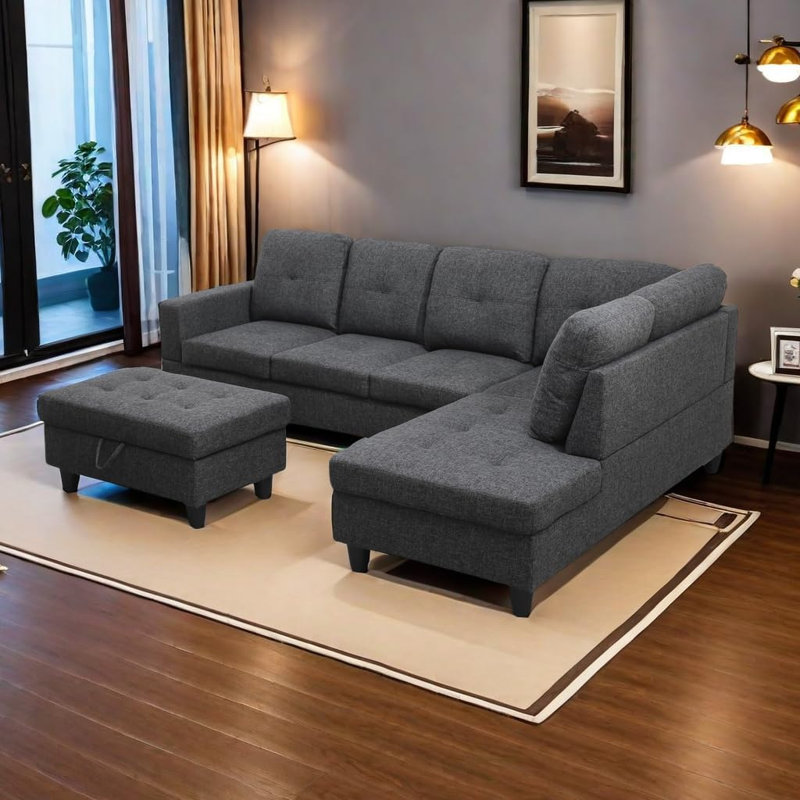 3-Piece Linen Sectional Sofa, Right Hand Facing