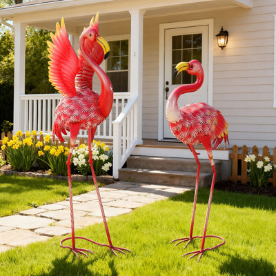 37" Handmade Metal Flamingo Garden Statue with Ground Stakes, Glossy Pink(Set of 2)