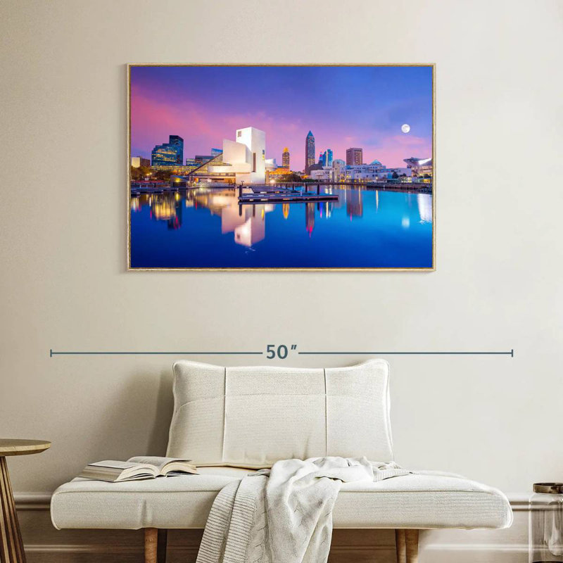Horizon du centre-ville de Cleveland, 40 po x 27 po, Cadre flottant en bois naturel