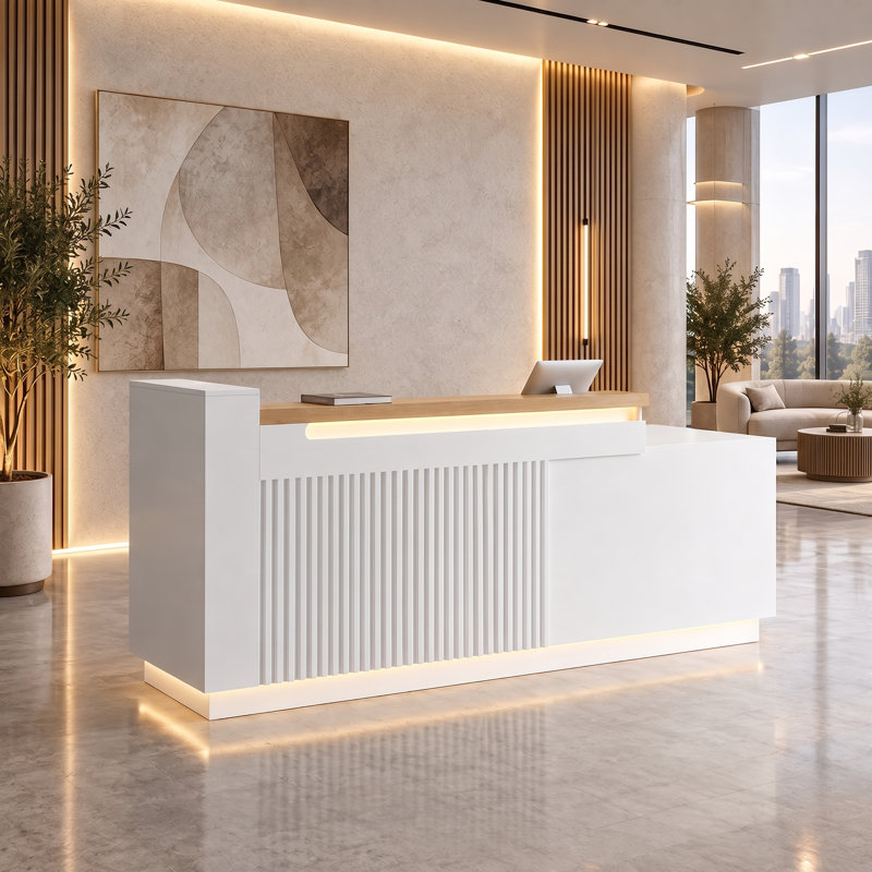 Comptoir d'accueil moderne en forme de L avec éclairage DEL, tiroir verrouillable, rangement pour dossiers, prises électriques intégrées et système de gestion des câbles, idéal pour les bureaux, salons de coiffure et commerces.