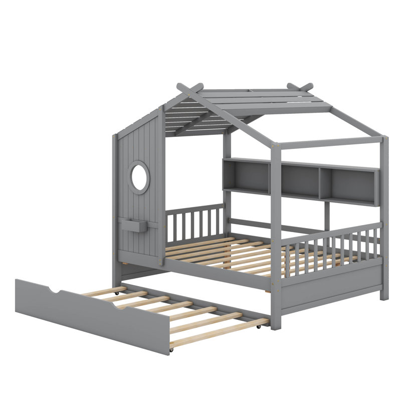 Lit double pleine grandeur avec lit gigogne et tablette, Gris