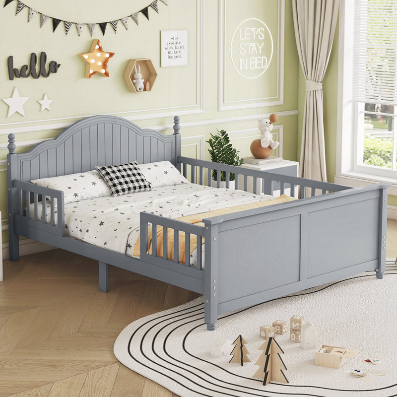 Lit plateforme en bois avec tête et pied de lit, Gris, Double