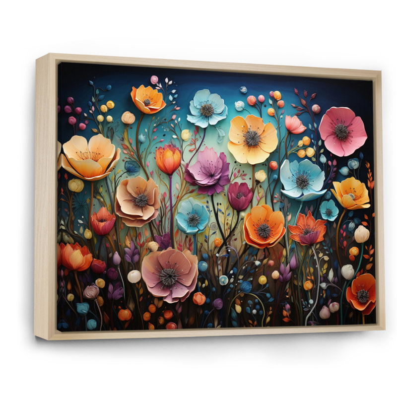 Fleurs colorées fantaisistes - Art mural fleurs sauvages, H 16 po x l 32 po x P 1 po, Cadre naturel flottant