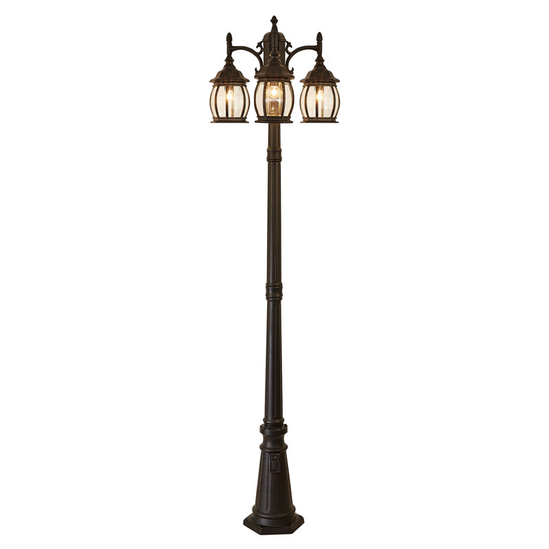 3-Head Outdoor Lamp Post(Full) with dusk to dawn and outlet