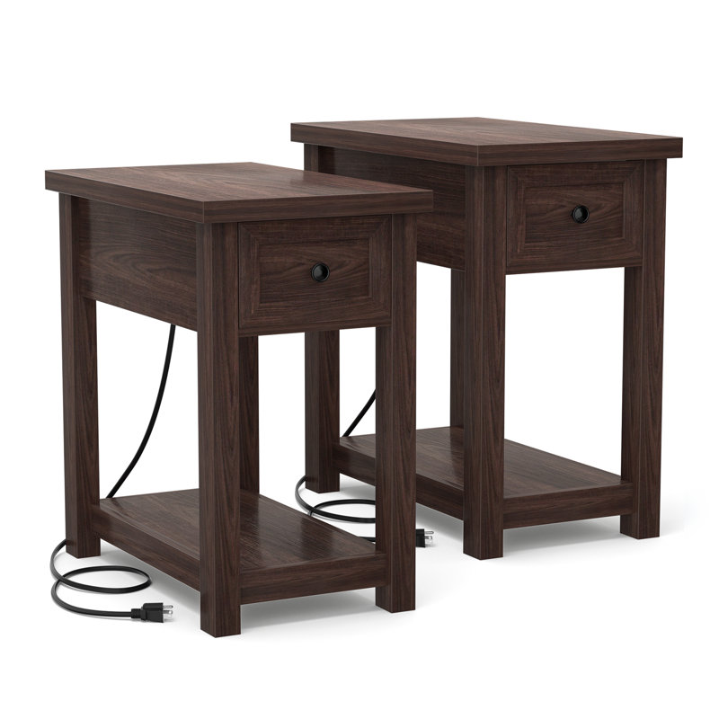 Table d'appoint étroite avec tiroir et tablettes, Noyer, 2