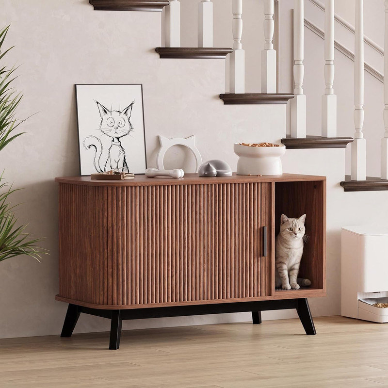 Enceinte de litière pour chat 39 ", litière cachée avec porte coulissante et tapis, maison de chat d'intérieur moderne, table de bout