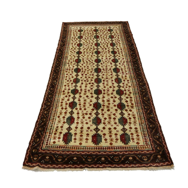 Tapis unique en laine noué à la main des années 1990 de 3 pi 10 po x 9 pi rouge / beige Patrich