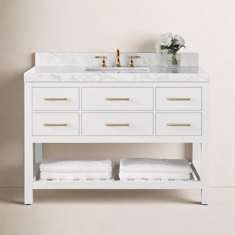 Ensemble de meuble-lavabo simple 48 po Carrie, Blanc / nickel brossé, Marbre blanc de Carrare