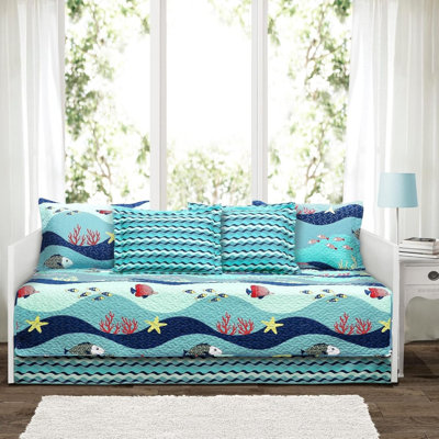 Sea Life Stripe 6 Piece Daybed Cover | Ocean Beach Fish Bedding Set Includes Bed Skirt, Pillow Shams And Cases 75" X 39", Blue