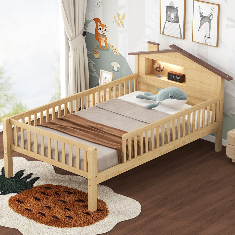 Wood Platform Bed with House-shaped Headboard, LED and Built-in Storage, Twin, Orange