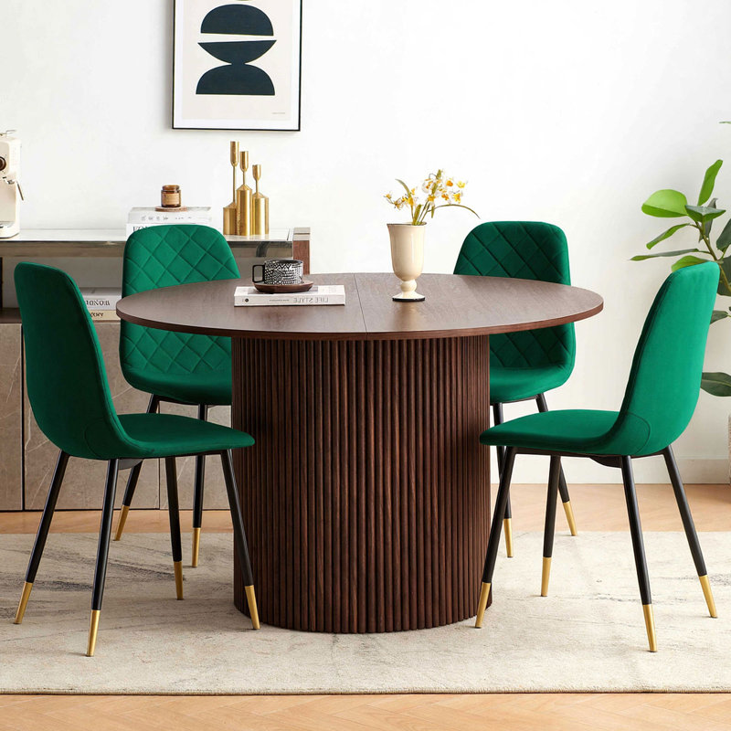 5-Piece Dining Table Set,  Wooden Kitchen Table With Upholstered Velvet Chairs, Walnut Brown, Green