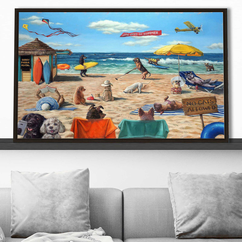 Dog Beach par - Peinture, Cadre flottant espresso, H 21,5 po x l 33,5 po x P 2 po