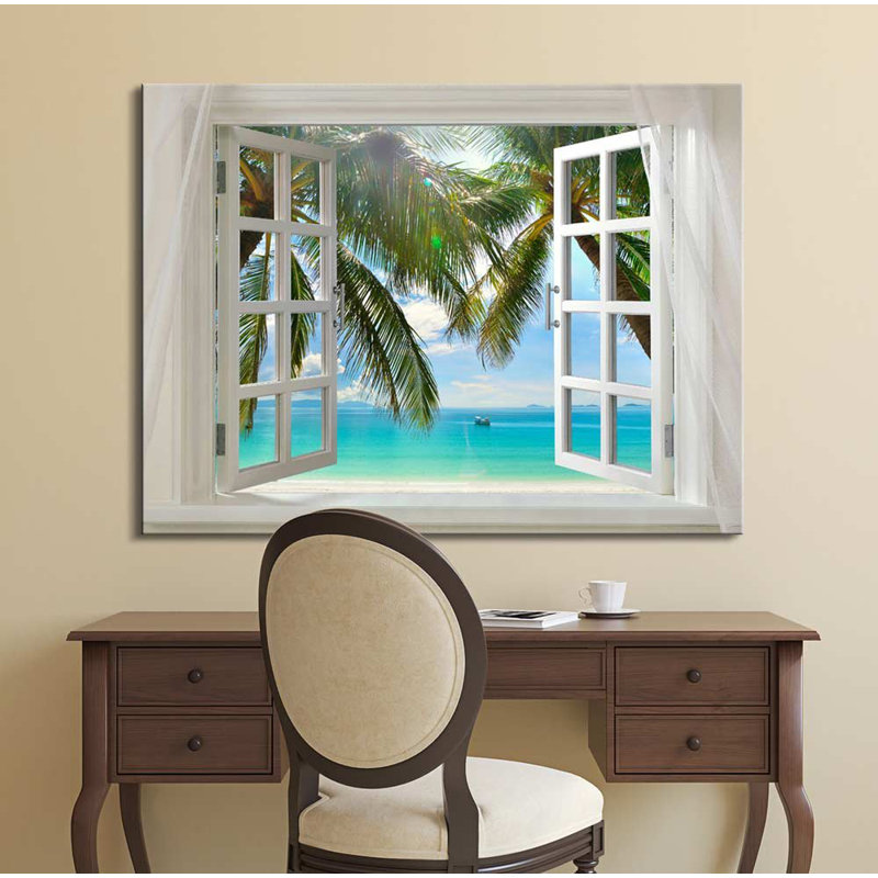 «Glimpse Beautiful Tropical Beach With Palm Tree Open Window Modern Wall Decor Coastal Décoration» sur toile