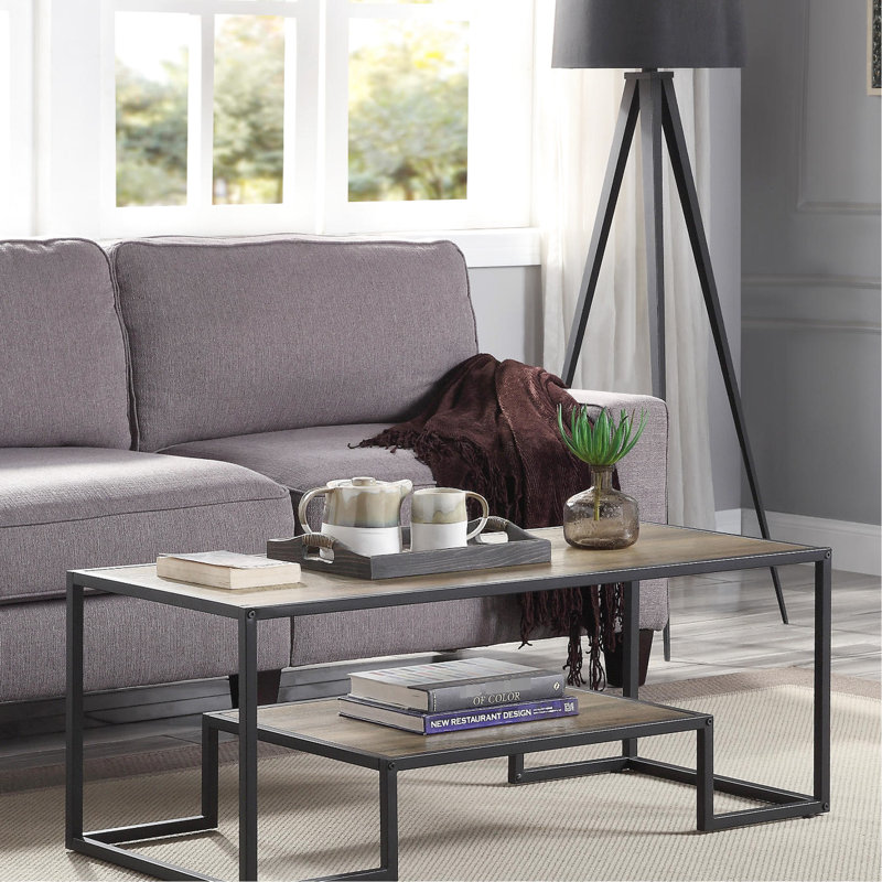 Table basse rectangulaire rectangulaire en chêne rustique et noir avec cadre en métal à 1 étage, plateau de 15 mm enveloppé dans un bord en placage de papier Pu, Concepts de design avant et arrière