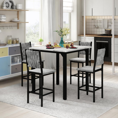 5-Piece Dining Table And Chairs, 1 Counter-Height Table And 4 Bar Stools, Modern Kitchen Furniture Set, Equipped With Cushioned Chairs, Compact Small Space Dining Table With Marble-Like Texture, Suitable For Living Room, Bar, And Kitchen Home Furniture