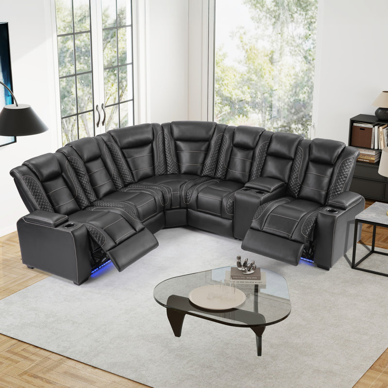7-Piece Faux Leather Dual Motor Power Reclining Sectional With Adjustable Headrest & Led