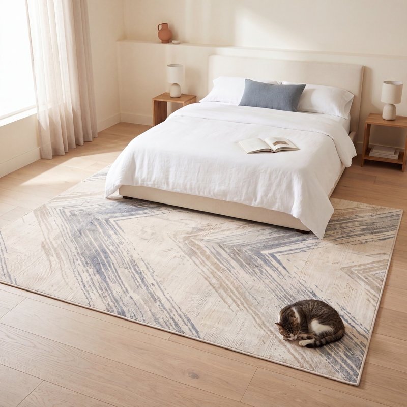 Tapis hémimorphite moderne à rayures effet pinceau, bleu, gris, beige, antidérapant, à poils courts, pour intérieur et extérieur, adapté aux animaux domestiques, idéal pour salon, chambre, salle à manger, entrée, couloir, bureau, crème, ivoire, cuisine, zones de passage intense, facile à nettoyer, imprimé, ultra doux, bord ourlé, lavable