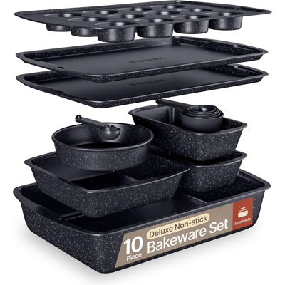 Ensemble de 10 plats de cuisson en marbre gris - casseroles antiadhésives en acier au carbone, empilables, lavables au lave-vaisselle, résistantes aux taches, allant au four jusqu'à 450 ° F