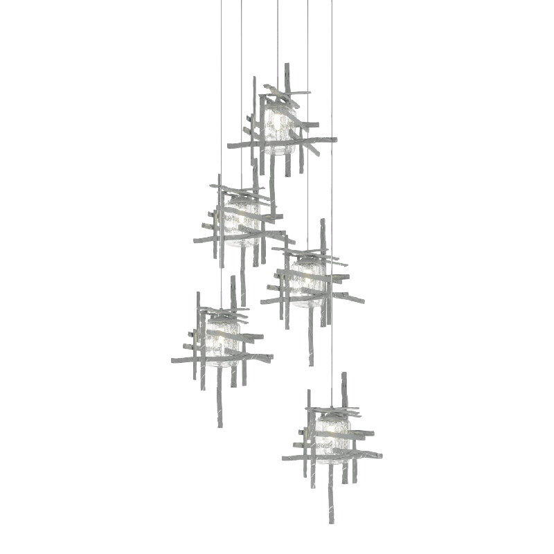 Luminaire suspendu en grappe à 5 lumières Tura, Standard: 50 po à 80 po, Transparent avec grains, Platine rétro
