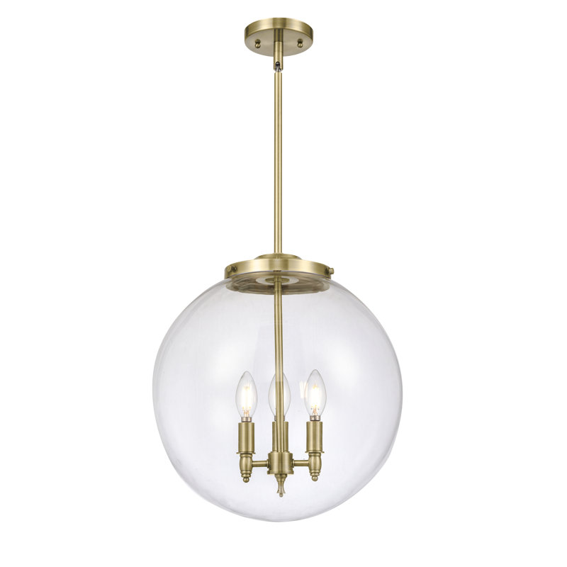 Luminaire suspendu sphère 3 lumières Beacon, Laiton antique, Transparent, H 17 po x l 16 po x P 16 po