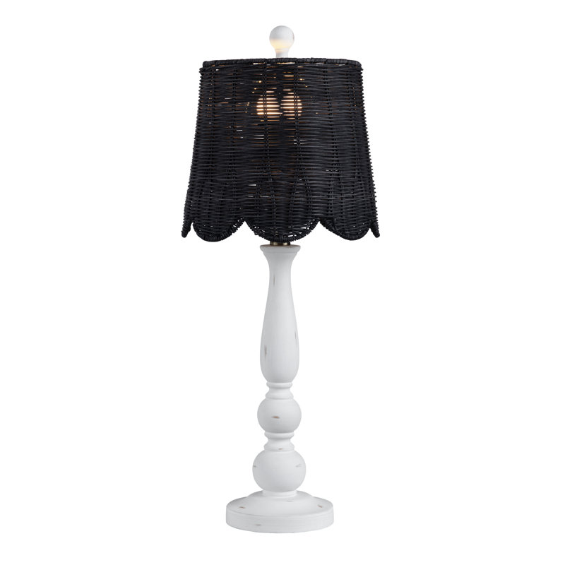 Set Of 2 White Resin Buffet Lamp With Rattan Shade