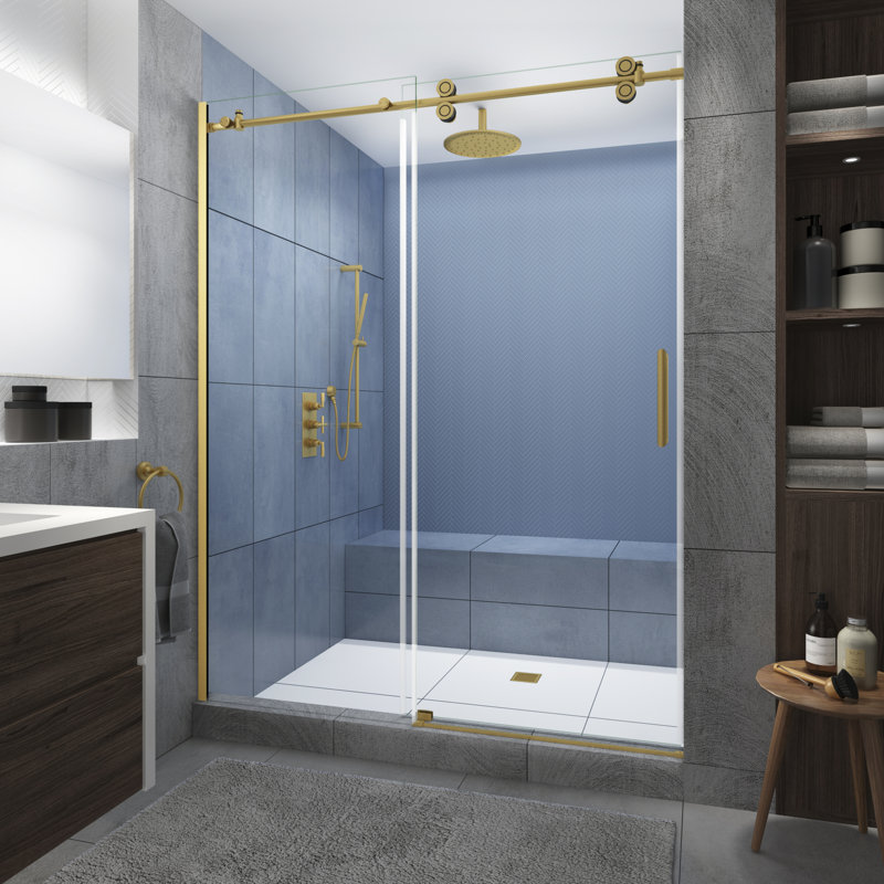 Langham XL 68 - 72" W x 80" H Sliding Frameless Shower Door, Right, Brushed Gold