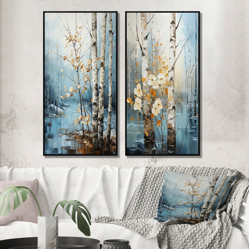 Birch Woods Winter Whispers - ensemble de 2 reproductions, Cadre noir, H 32 po x l 32 po
