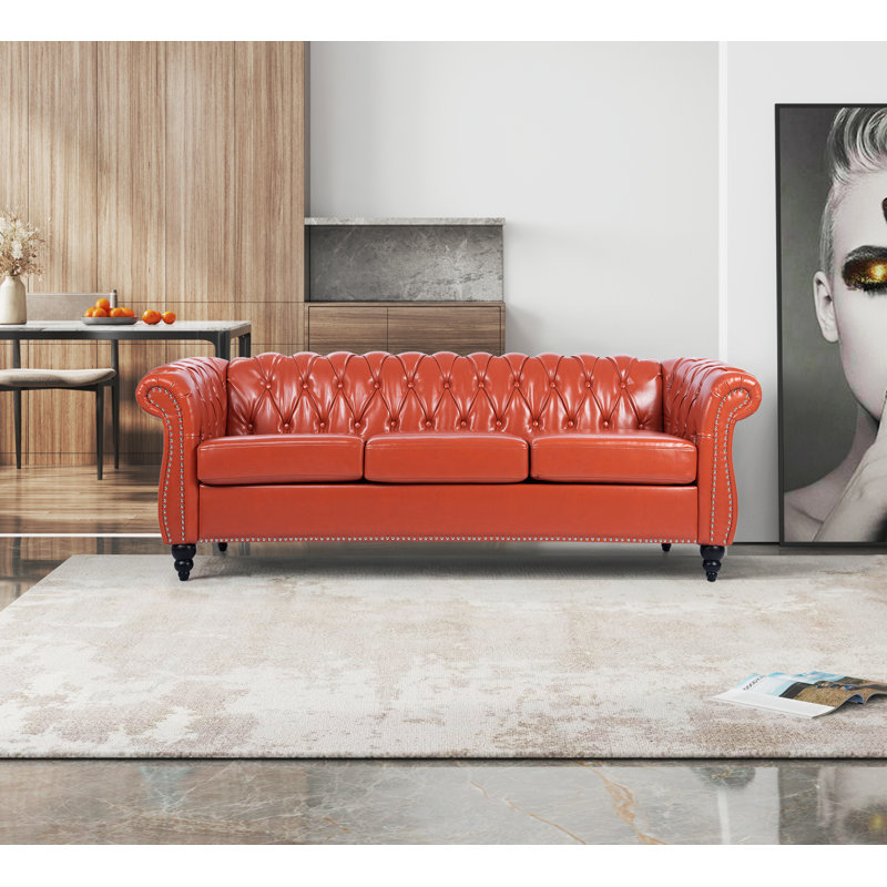 Annalena 84.65'' Faux Leather Sofa, Orange Faux Leather
