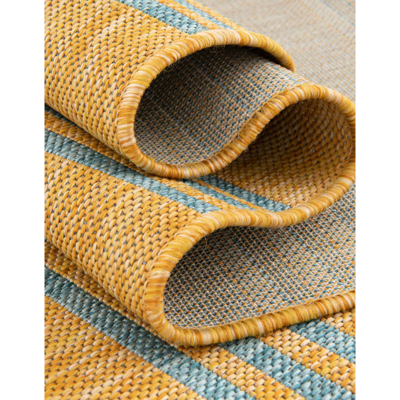 Yellow and Aqua Striped Outdoor Rectangular Rug 4' x 6'