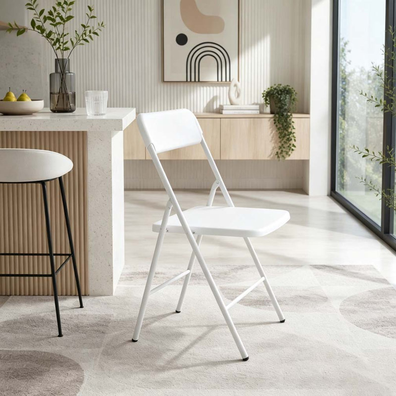Ensemble de 4 chaises pliantes robustes avec coussin en PP et structure en acier, Blanc, Blanc