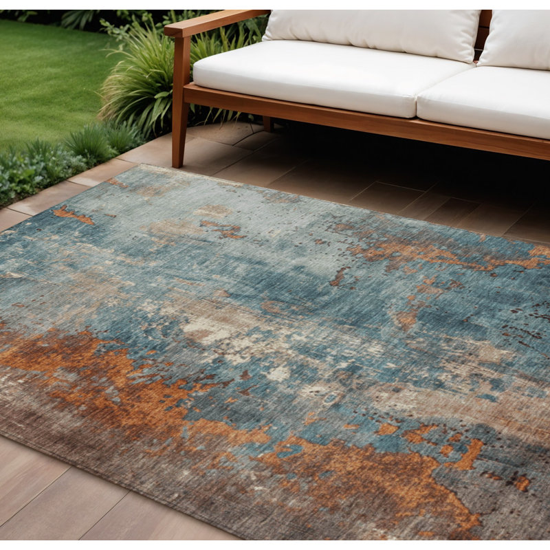 Tapis d'extérieur lavable abstrait bleu sarcelle et cuivre 10 pi x 14 pi bleu sarcelle
