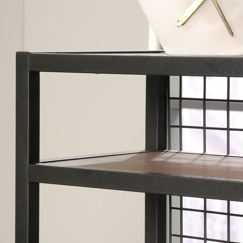 Bureau industriel en L avec 2 tiroirs et tablettes, finition brune