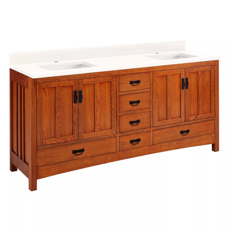 72" Maybeck Dbl Vanity - Tinted Oak With Rect Undermount Sinks, Artic White Quartz, Single Hole Centered