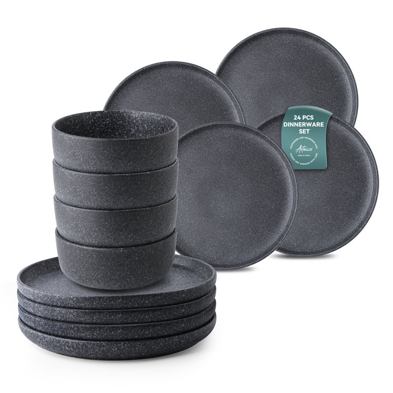 Service de table en grès Ozetta 24 pièces, glacis réactif, service pour 8, noir ardoise (assiettes à dîner, assiettes à salade et bols à céréales inclus)