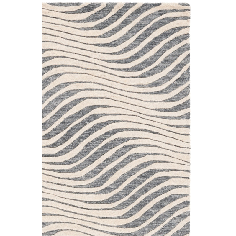 Tapis abstrait gris / ivoire en laine / coton touffeté à la main Ebony 707, Rectangle 3 pi x 5 pi